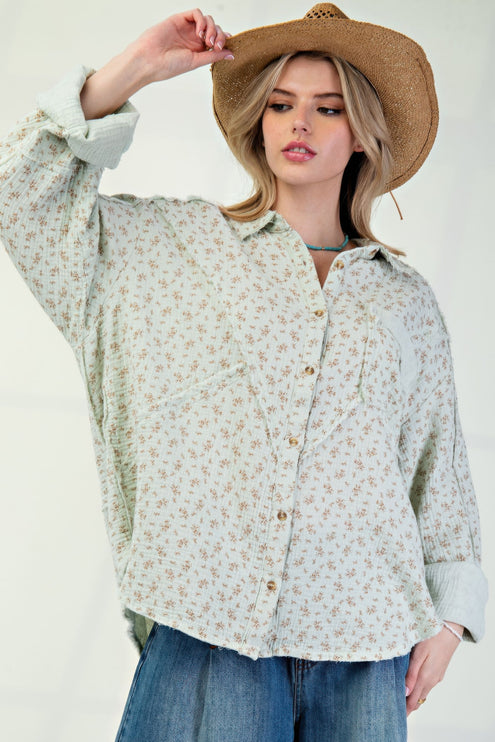 Printed Cotton Gauze Button-Down Oversized Shirt with Raw Edges