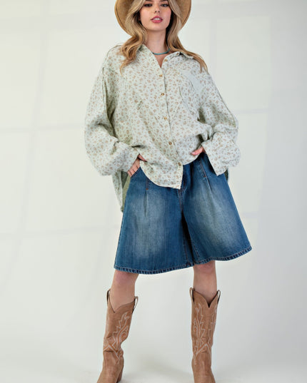 Printed Cotton Gauze Button-Down Oversized Shirt with Raw Edges