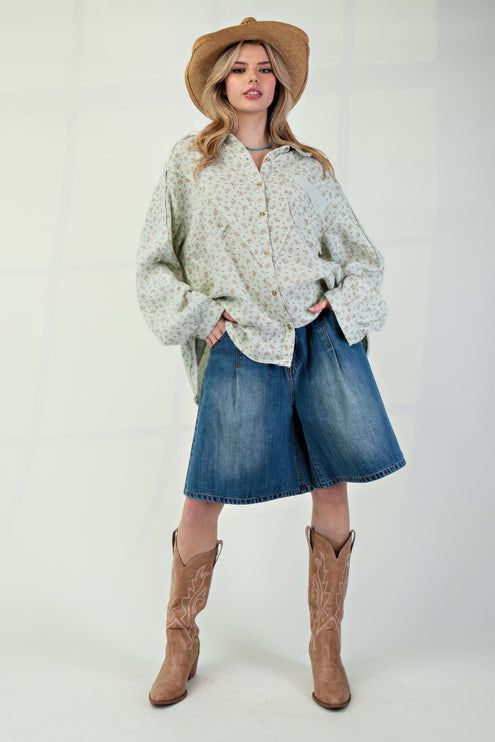 Printed Cotton Gauze Button-Down Oversized Shirt with Raw Edges