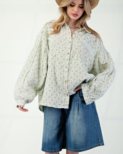 Printed Cotton Gauze Button-Down Oversized Shirt with Raw Edges