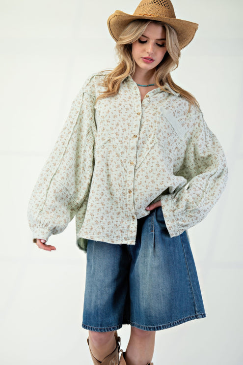 Printed Cotton Gauze Button-Down Oversized Shirt with Raw Edges