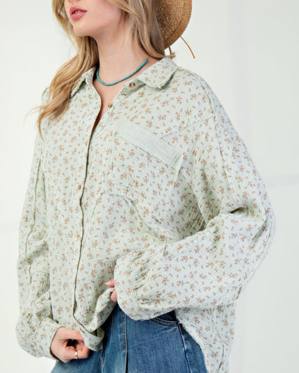 Printed Cotton Gauze Button-Down Oversized Shirt with Raw Edges