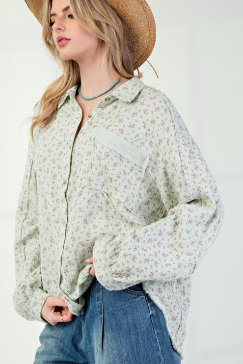 Printed Cotton Gauze Button-Down Oversized Shirt with Raw Edges