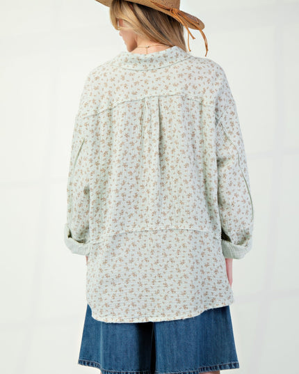 Printed Cotton Gauze Button-Down Oversized Shirt with Raw Edges