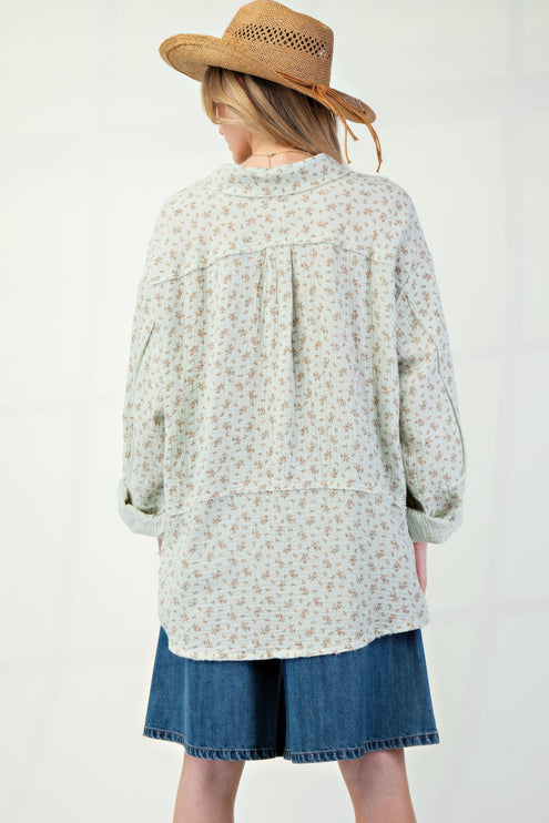 Printed Cotton Gauze Button-Down Oversized Shirt with Raw Edges