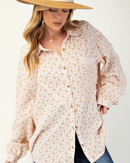 Printed Cotton Gauze Button-Down Oversized Shirt with Raw Edges