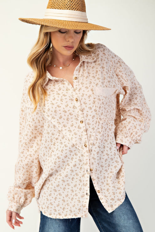 Printed Cotton Gauze Button-Down Oversized Shirt with Raw Edges