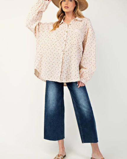 Printed Cotton Gauze Button-Down Oversized Shirt with Raw Edges