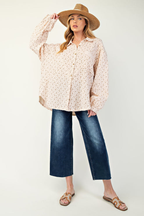 Printed Cotton Gauze Button-Down Oversized Shirt with Raw Edges