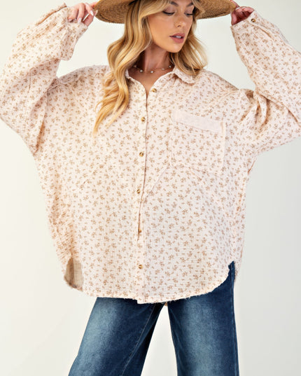 Printed Cotton Gauze Button-Down Oversized Shirt with Raw Edges