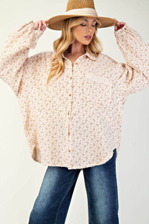 Printed Cotton Gauze Button-Down Oversized Shirt with Raw Edges