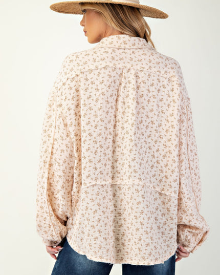 Printed Cotton Gauze Button-Down Oversized Shirt with Raw Edges