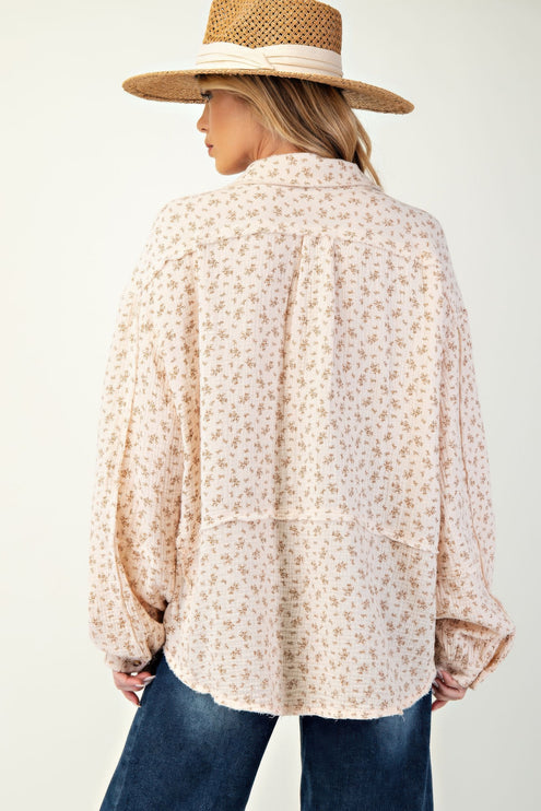 Printed Cotton Gauze Button-Down Oversized Shirt with Raw Edges