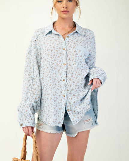 Printed Cotton Gauze Button-Down Oversized Shirt with Raw Edges