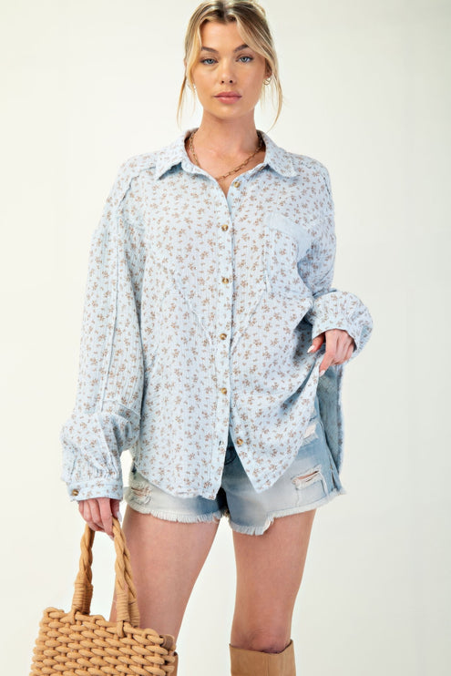 Printed Cotton Gauze Button-Down Oversized Shirt with Raw Edges