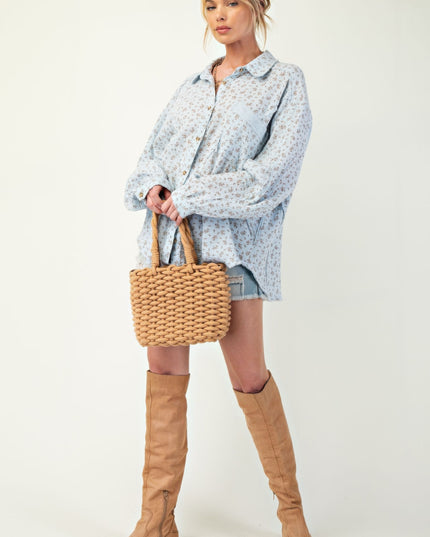 Printed Cotton Gauze Button-Down Oversized Shirt with Raw Edges