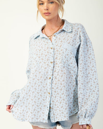 Printed Cotton Gauze Button-Down Oversized Shirt with Raw Edges