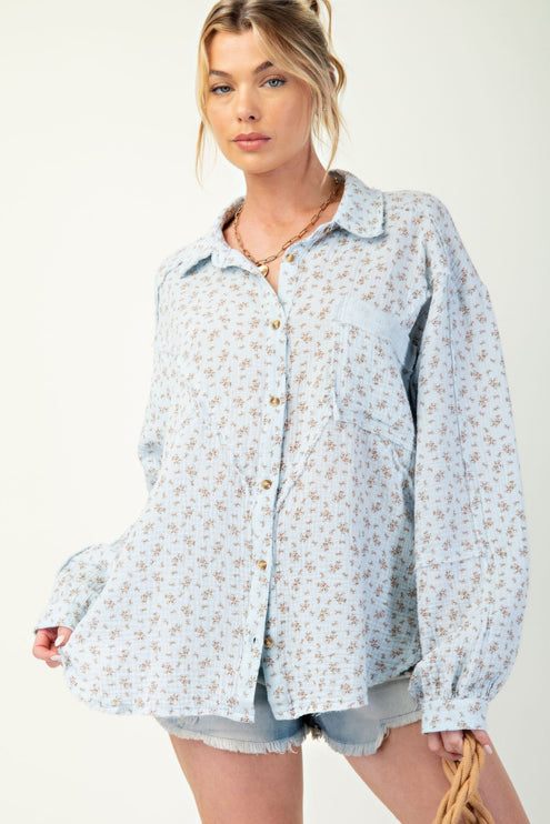 Printed Cotton Gauze Button-Down Oversized Shirt with Raw Edges