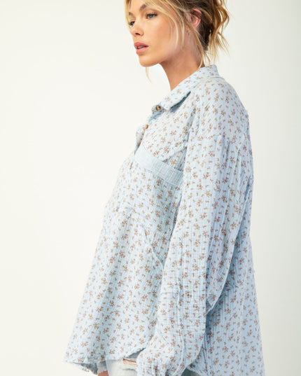 Printed Cotton Gauze Button-Down Oversized Shirt with Raw Edges