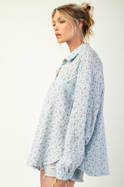 Printed Cotton Gauze Button-Down Oversized Shirt with Raw Edges