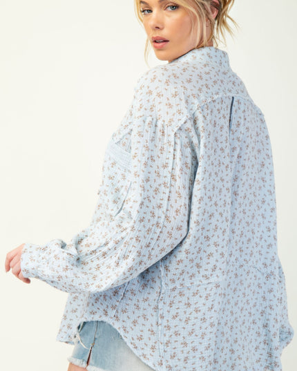 Printed Cotton Gauze Button-Down Oversized Shirt with Raw Edges