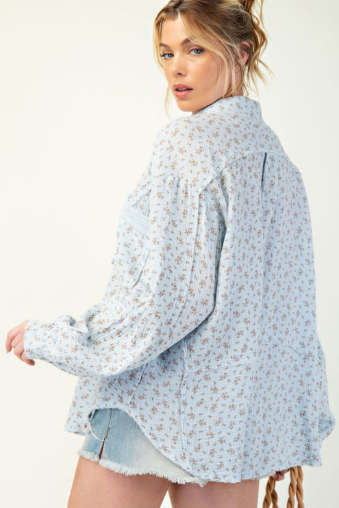 Printed Cotton Gauze Button-Down Oversized Shirt with Raw Edges