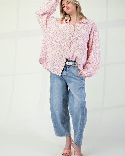 Printed Cotton Gauze Button-Down Oversized Shirt with Raw Edges