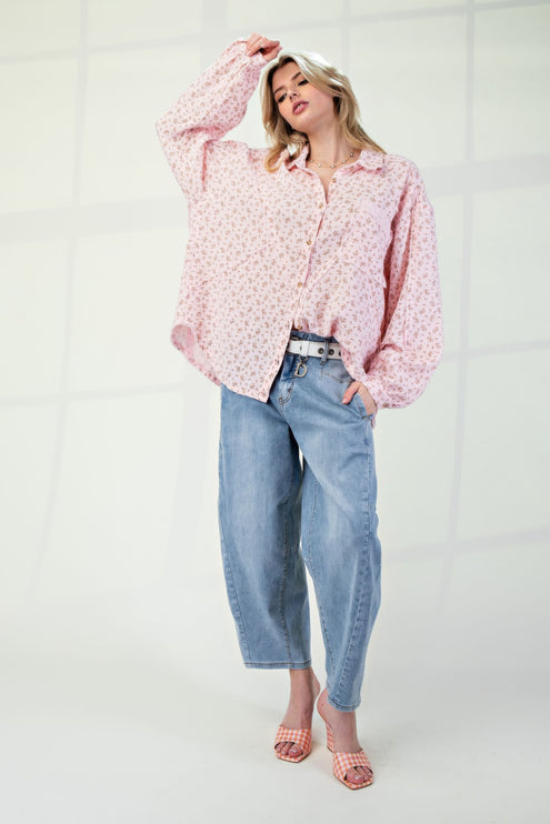 Printed Cotton Gauze Button-Down Oversized Shirt with Raw Edges