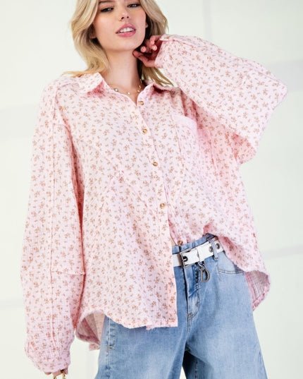 Printed Cotton Gauze Button-Down Oversized Shirt with Raw Edges