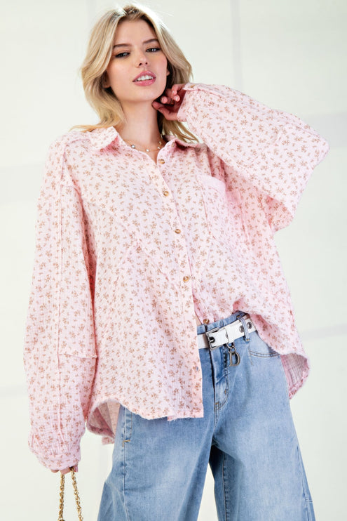 Printed Cotton Gauze Button-Down Oversized Shirt with Raw Edges