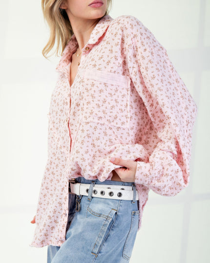 Printed Cotton Gauze Button-Down Oversized Shirt with Raw Edges