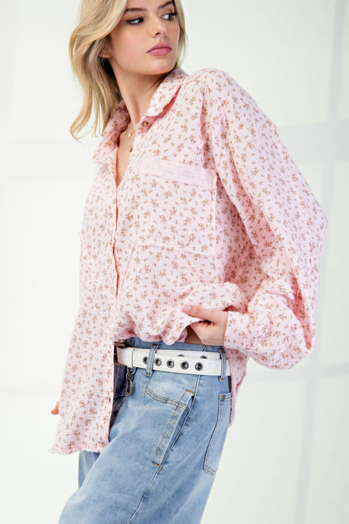 Printed Cotton Gauze Button-Down Oversized Shirt with Raw Edges