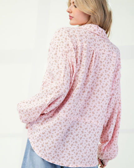 Printed Cotton Gauze Button-Down Oversized Shirt with Raw Edges