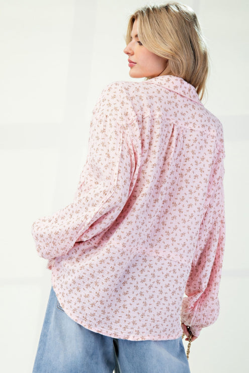 Printed Cotton Gauze Button-Down Oversized Shirt with Raw Edges