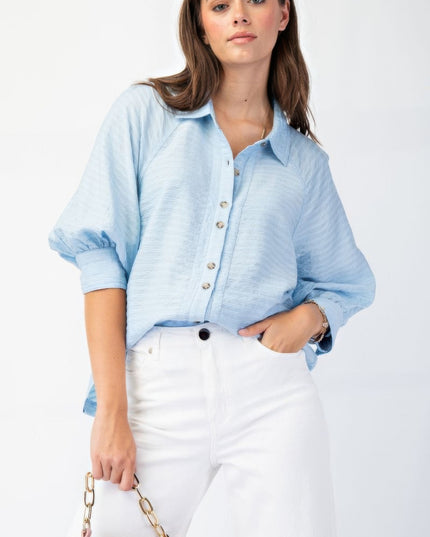 Button Down Textured Woven Shirt with Puff Sleeves