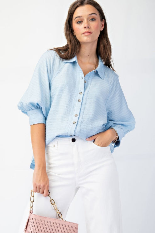 Button Down Textured Woven Shirt with Puff Sleeves