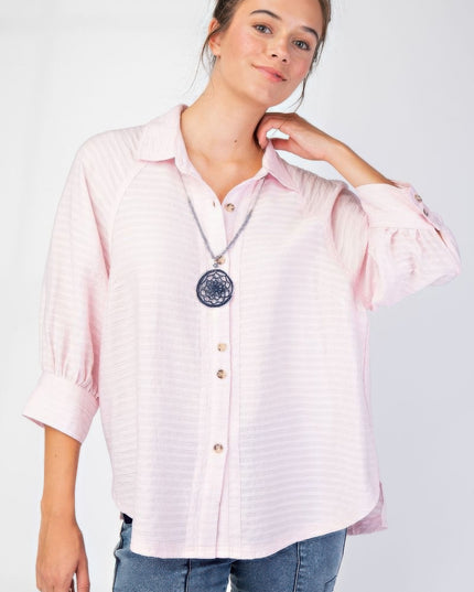 Button Down Textured Woven Shirt with Puff Sleeves