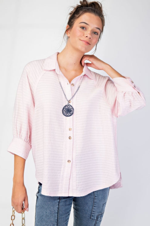 Button Down Textured Woven Shirt with Puff Sleeves