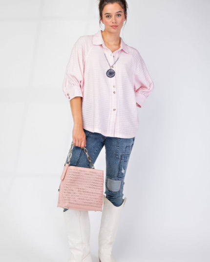 Button Down Textured Woven Shirt with Puff Sleeves