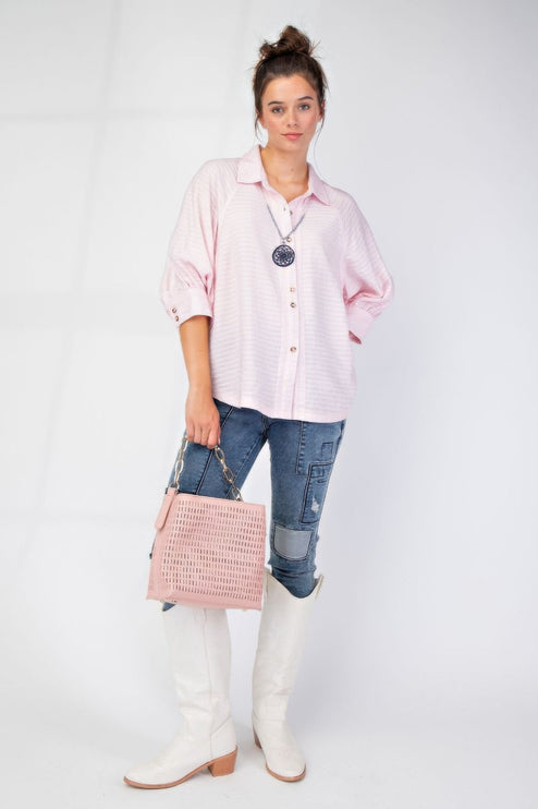 Button Down Textured Woven Shirt with Puff Sleeves