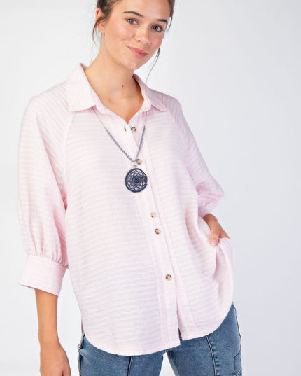 Button Down Textured Woven Shirt with Puff Sleeves