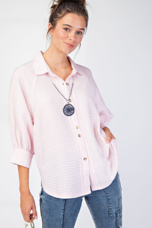 Button Down Textured Woven Shirt with Puff Sleeves