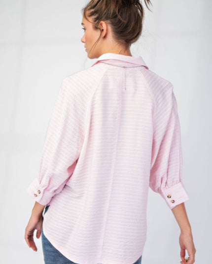 Button Down Textured Woven Shirt with Puff Sleeves