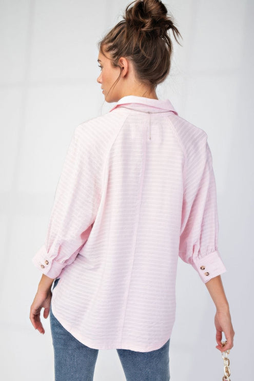 Button Down Textured Woven Shirt with Puff Sleeves