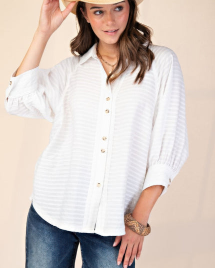 Button Down Textured Woven Shirt with Puff Sleeves