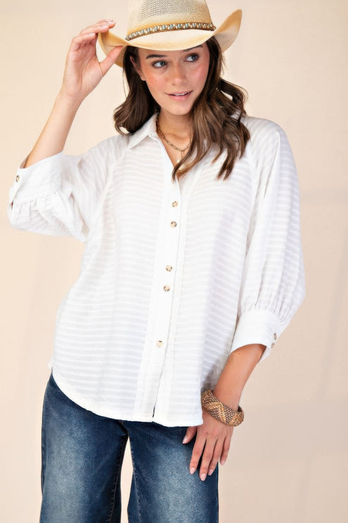 Button Down Textured Woven Shirt with Puff Sleeves