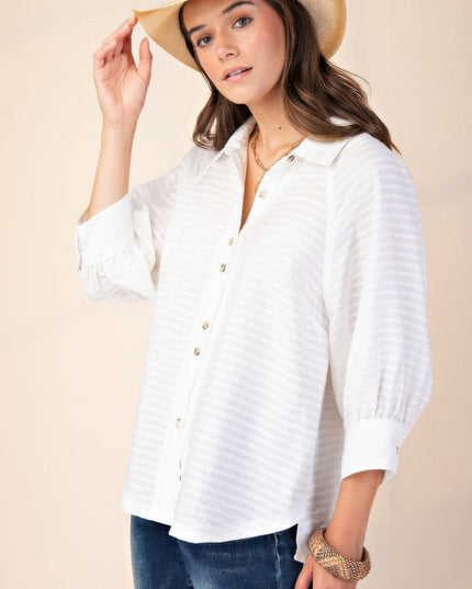 Button Down Textured Woven Shirt with Puff Sleeves