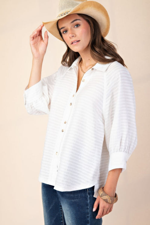 Button Down Textured Woven Shirt with Puff Sleeves