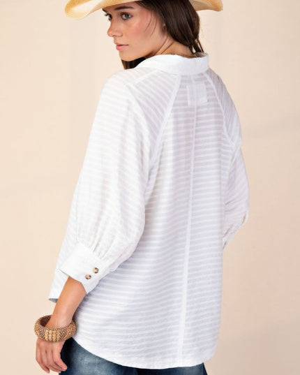 Button Down Textured Woven Shirt with Puff Sleeves