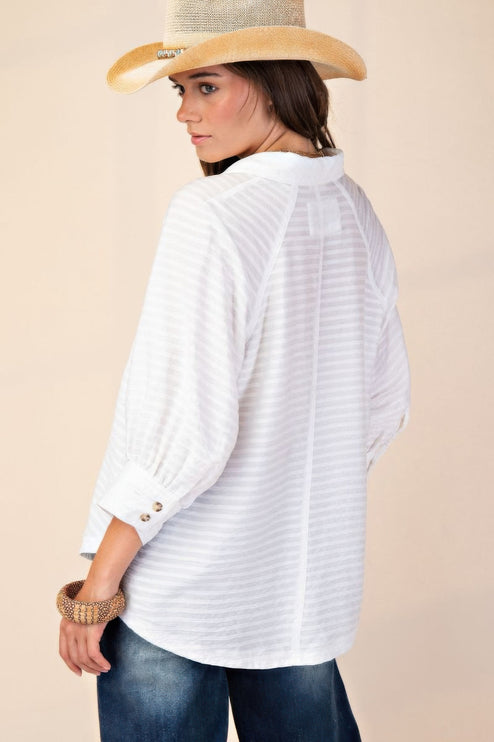 Button Down Textured Woven Shirt with Puff Sleeves